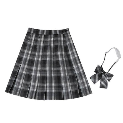 Plaid Print Pleated Skirt Bow Tie Set - Color13 / XS