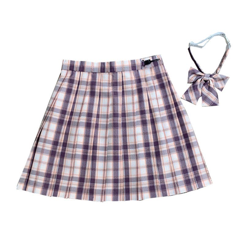 Plaid Print Pleated Skirt Bow Tie Set - Color18 / XS