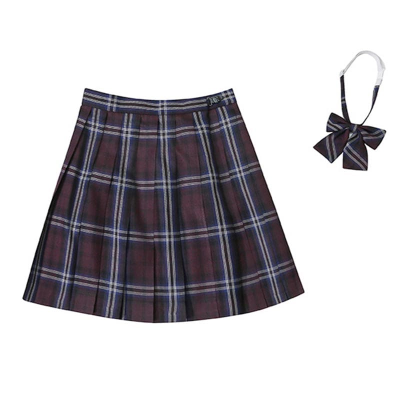 Plaid Print Pleated Skirt Bow Tie Set - Color7 / XS