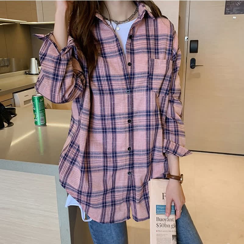 Plaid Print Pocket Lapel Loose Shirt