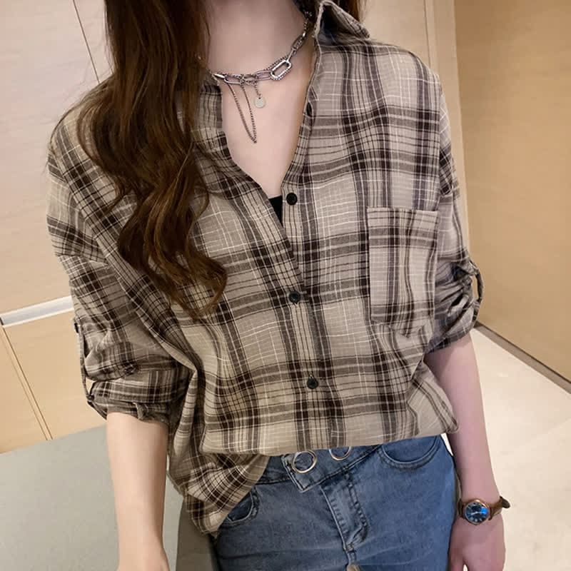 Plaid Print Pocket Lapel Loose Shirt