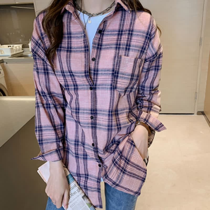 Plaid Print Pocket Lapel Loose Shirt - Pink / M