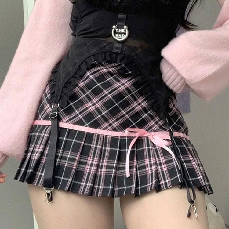 Plaid Ribbon Bow Skirt - Skirt