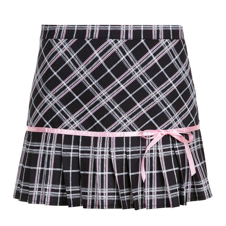 Plaid Ribbon Bow Skirt - S / Pink/black - Skirt