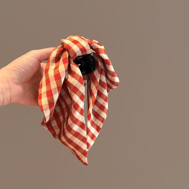 Plaid Scarfed Hair Claw - Red / One Size