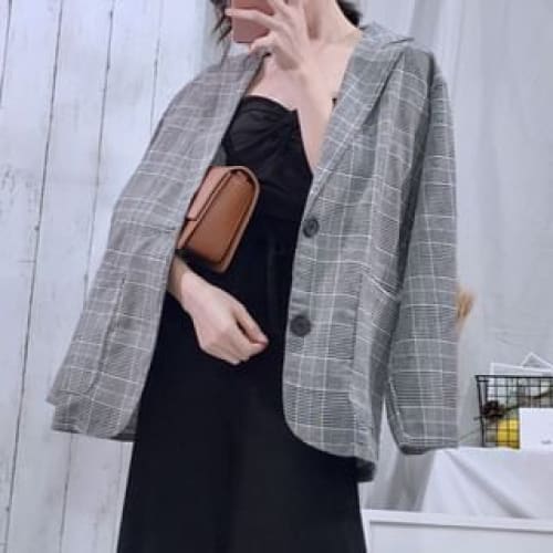 Plaid Single-Breasted Blazer - Gray / One Size