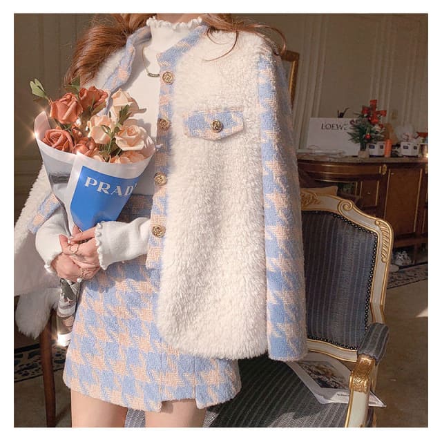 Plaid Sweet Coat High Waist A-line Wool Chic Skirts 2