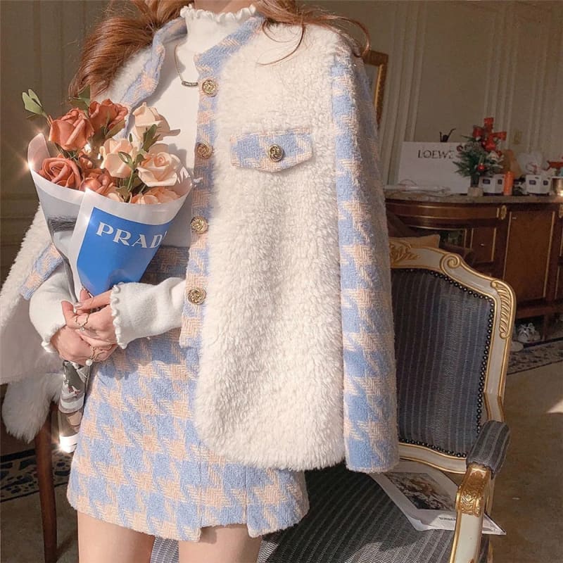 Plaid Sweet Coat High Waist A-line Wool Chic Skirts 2