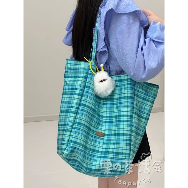 Plaid Tote Bag / Bag Charm / Set - With Ball Charm - Plaid