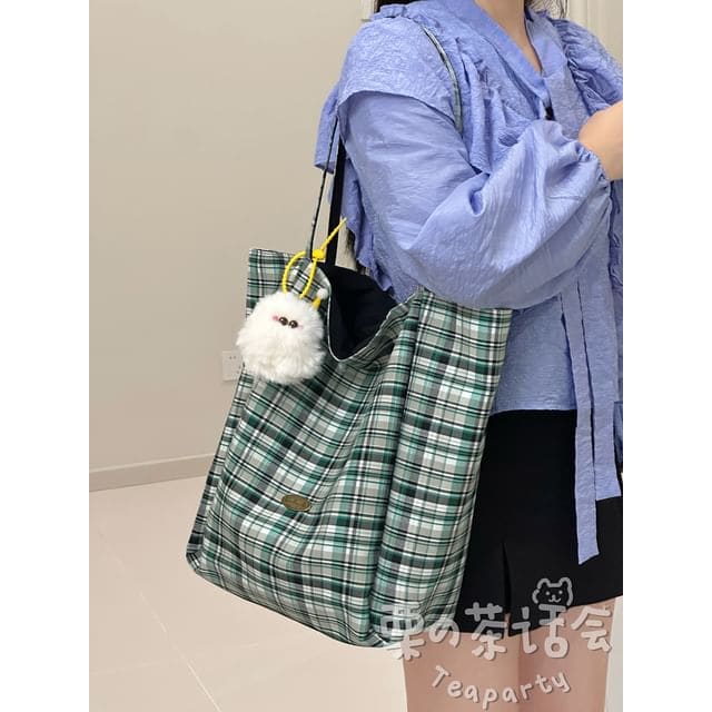 Plaid Tote Bag / Bag Charm / Set - With Ball Charm - Plaid