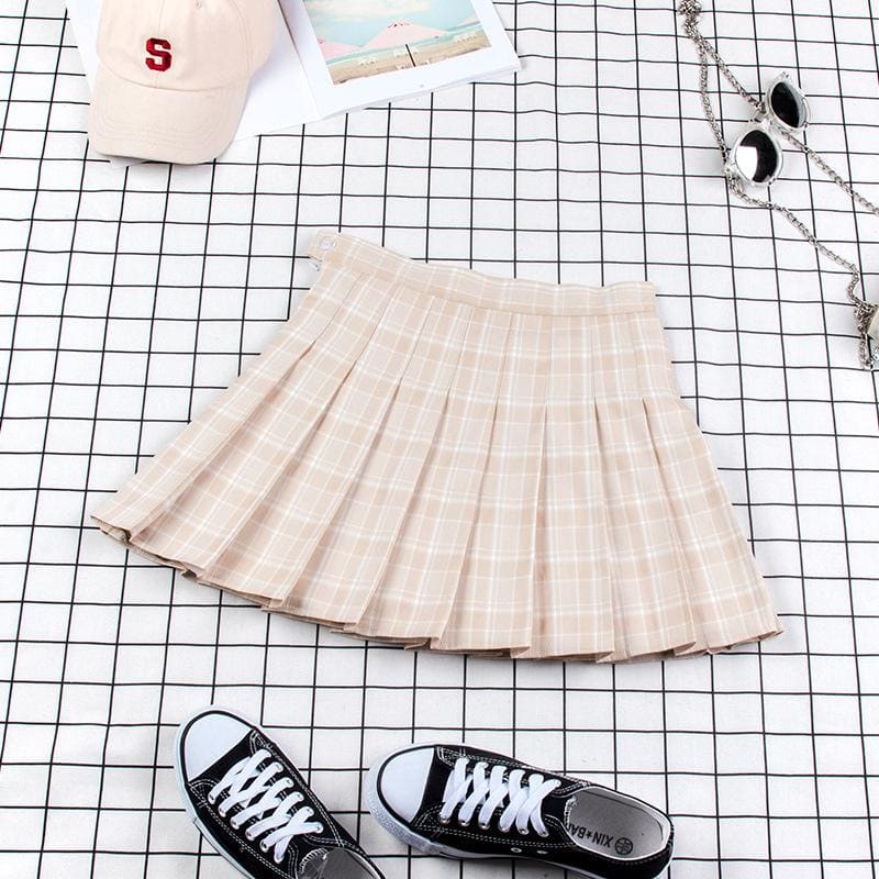 Plaid Uniform A-line High Waist Pleated Skirt - Apricot / XS