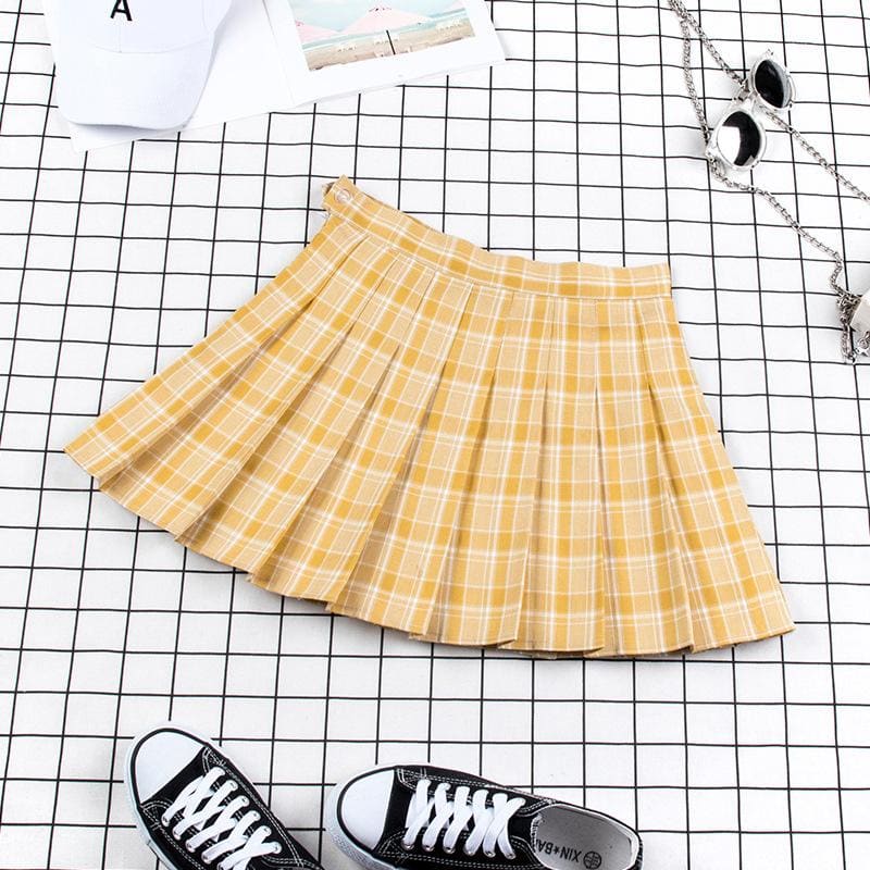 Plaid Uniform A-line High Waist Pleated Skirt - Yellow / XS