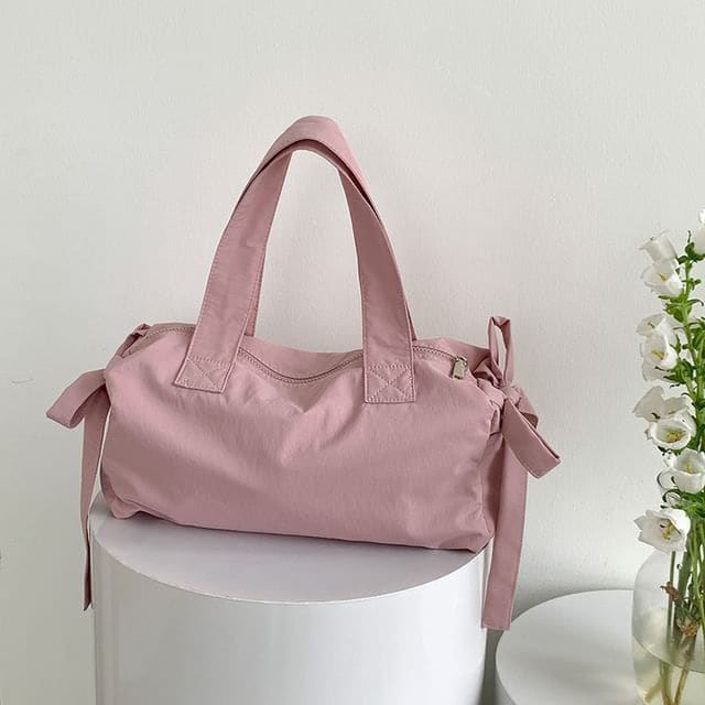 Plain Bow Accent Nylon Tote Bag - Pink / One Size