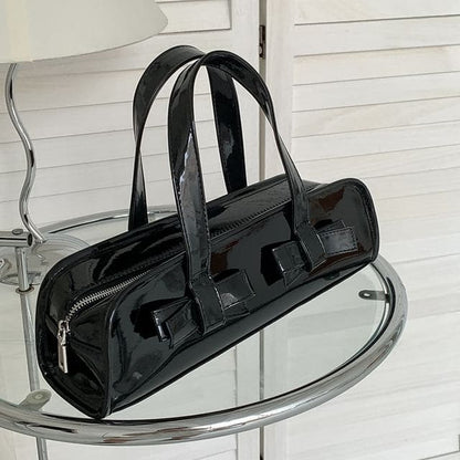 Plain Bow Accent Patent Leather Shoulder Bag - Black