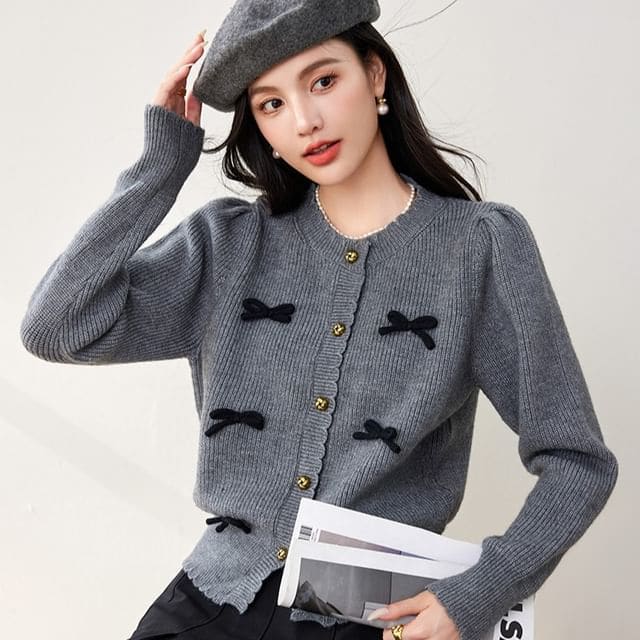 Plain Bow Cardigan - Gray / S