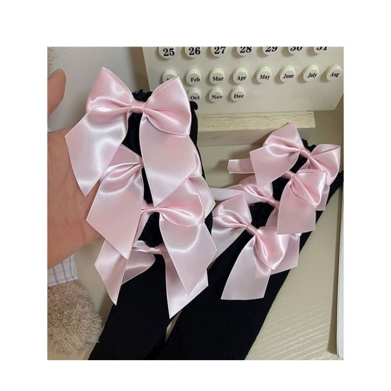 Plain Bow Cutout Tall Socks - Beige Bow - White / One Size