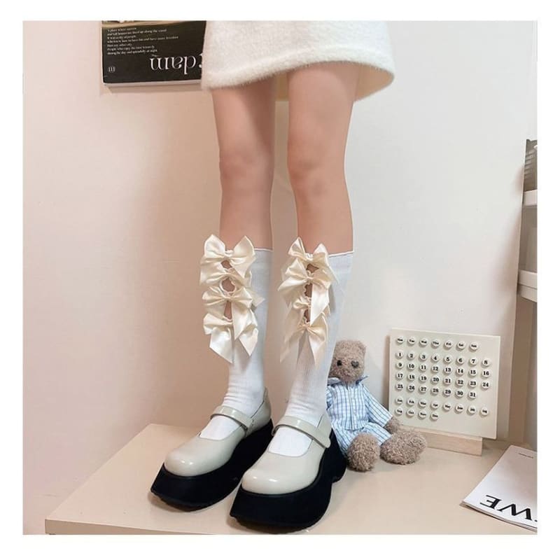 Plain Bow Cutout Tall Socks - Beige Bow - White / One Size