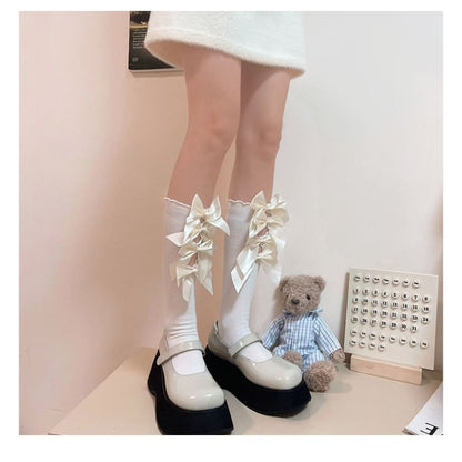 Plain Bow Cutout Tall Socks - Beige Bow - White / One Size