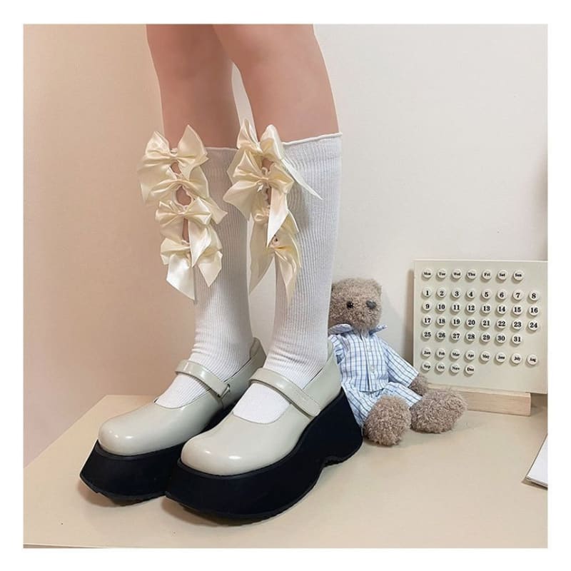 Plain Bow Cutout Tall Socks - Beige Bow - White / One Size