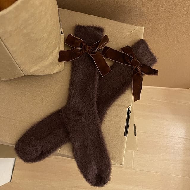 Plain Bow Fluffy Socks - Brown / One Size