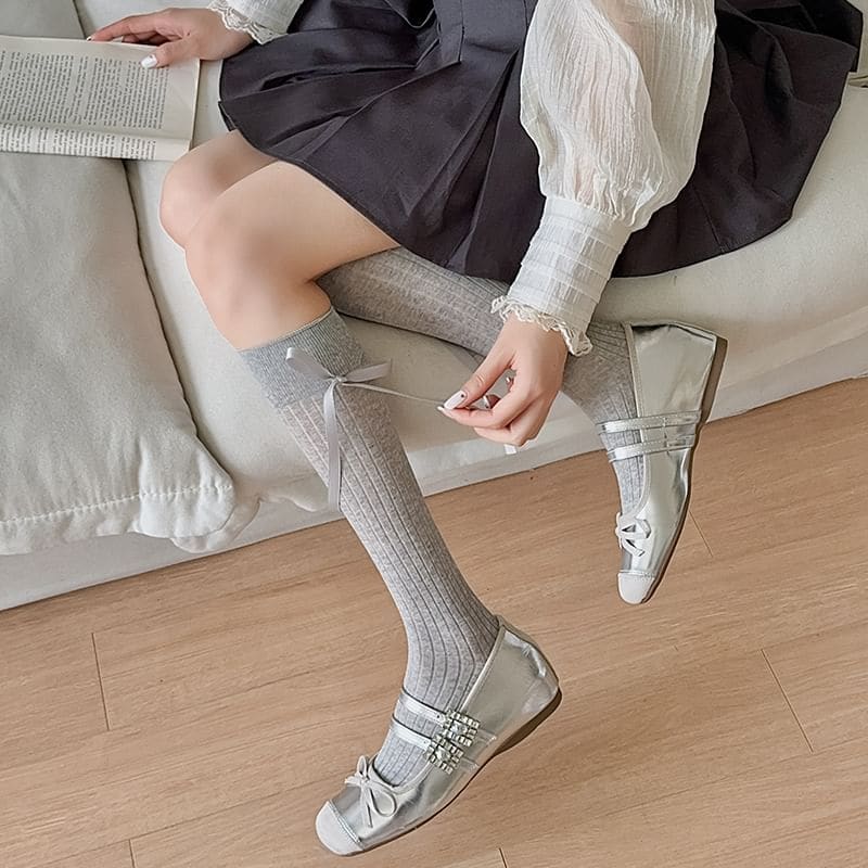 Plain Bow Knee High Socks