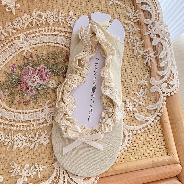 Plain Bow Lace Trim Lace-Up No Show Socks - Nude Almond