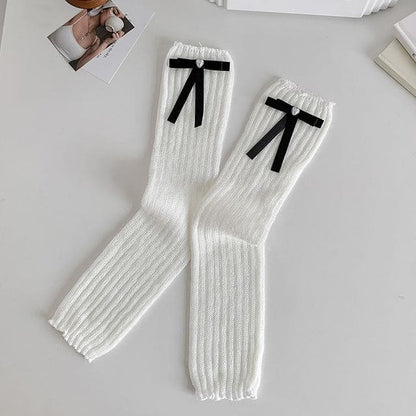 Plain Bow Leg Warmers - Black Bow - White / One Size