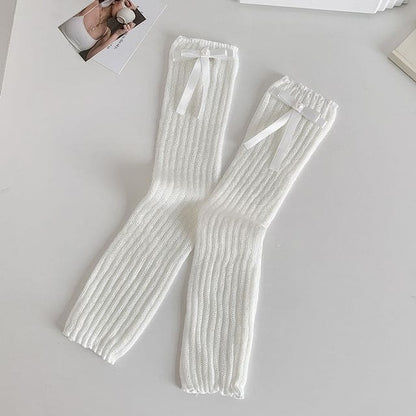 Plain Bow Leg Warmers - White Bow - White / One Size