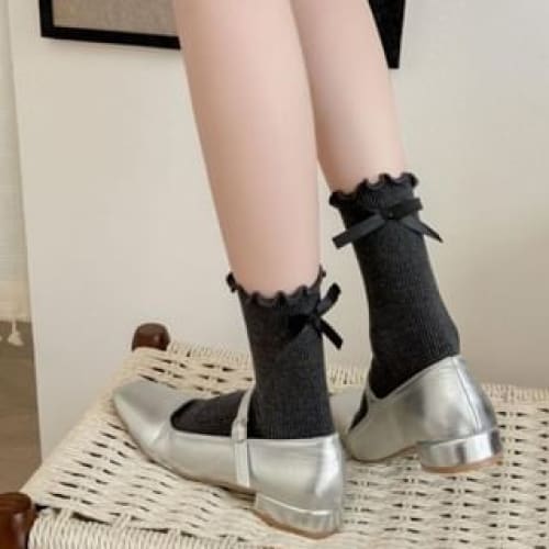 Plain Bow Lettuce Edge Ribbed Socks - 1 Pair - Dark Gray