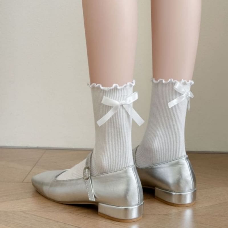 Plain Bow Lettuce Edge Ribbed Socks