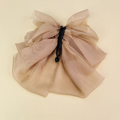 Plain Bow Mesh Hair Clamp - 03 - Khaki / One Size