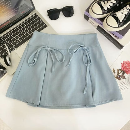 Plain Bow Mini A-Line Skirt - Light Blue / S