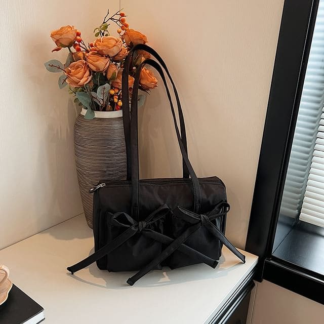 Plain Bow Nylon Tote Bag - Black / One Size