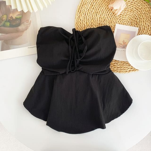 Plain Bow Peplum Tube Top - Black / One Size