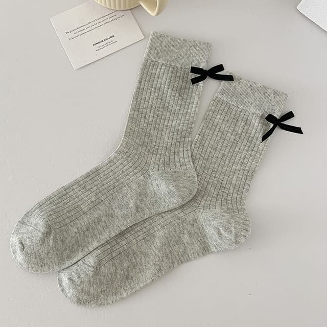 Plain Bow Socks - Long Edition - Black Bow - Gray / 35 To 40