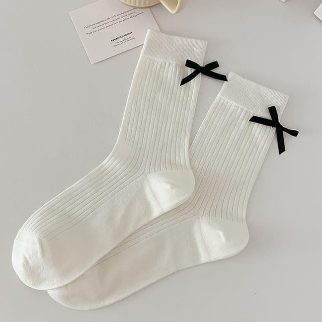 Plain Bow Socks - Long Edition - Black Bow - White / 35