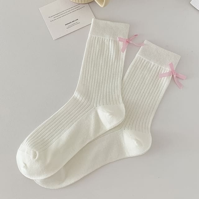 Plain Bow Socks - Long Edition - Pink Bow - White / 35 To 40