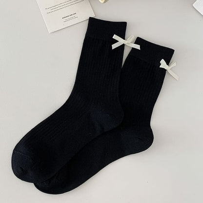 Plain Bow Socks - Long Edition - White Bow - Black / 35