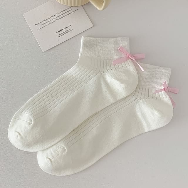 Plain Bow Socks - Short Edition - Pink Bow - White / 35