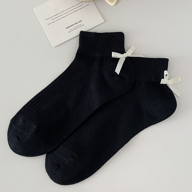 Plain Bow Socks - Short Edition - White Bow - Black / 35