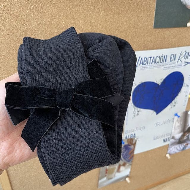 Plain Bow Tall Socks - Black / One Size