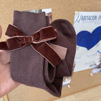 Plain Bow Tall Socks - Brown / One Size