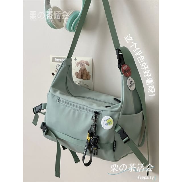 Plain Buckled Crossbody Bag - With Astronaut Charm - Green