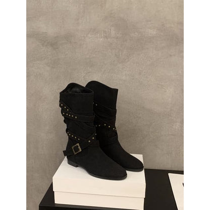 Plain Buckled Mid-Calf Boots - B180-22 - Black / 35