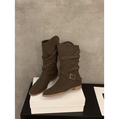 Plain Buckled Mid-Calf Boots - B180-22 - Coffee / 35