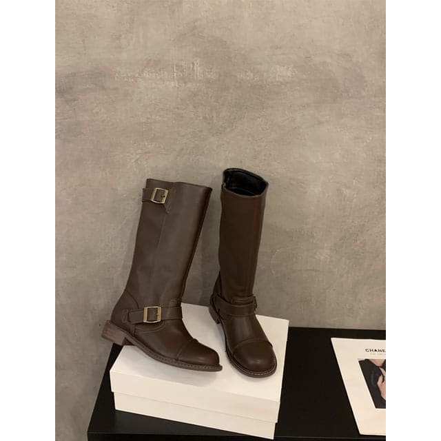 Plain Buckled Mid-Calf Boots - M239-2 - Coffee / 35