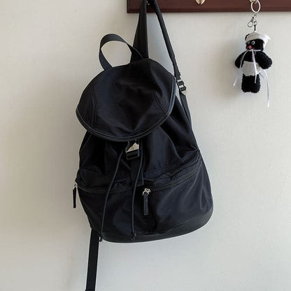 Plain Buckled Nylon Backpack - Black / One SIze