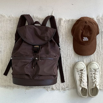 Plain Buckled Nylon Backpack - Coffee / One SIze