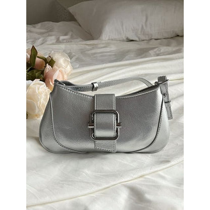 Plain Buckled Panel Shoulder Bag - Silver / One Size