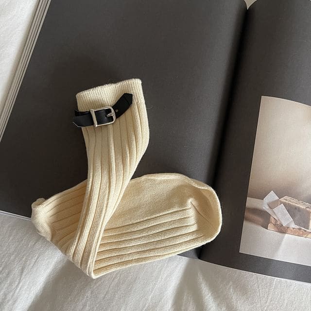 Plain Buckled Socks - Almond / One Size